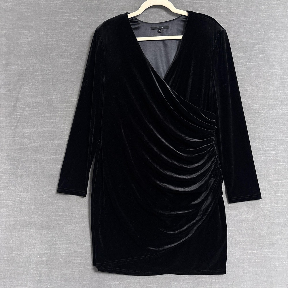 Alex Marie‎ Dress 16 Petite Black Velvet Ruched Wrap Long Sleeve Cocktail Party